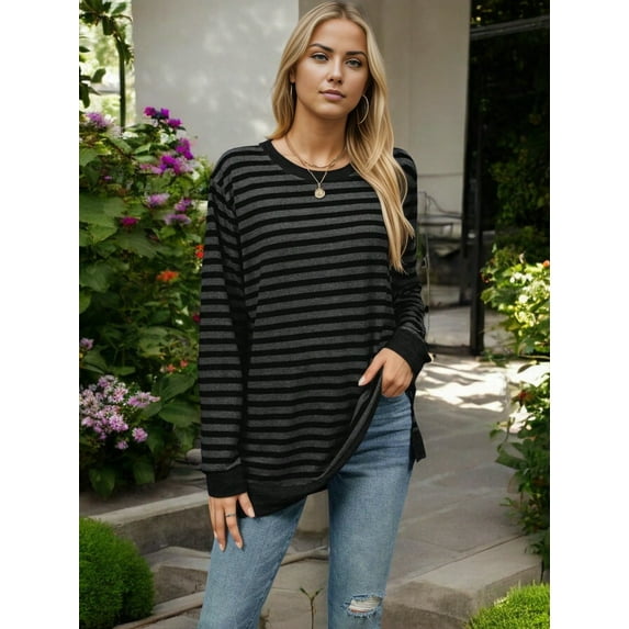 Women's Long Sleeve Striped Pullover with Contrast Hem and Cuffs- X Large, Black