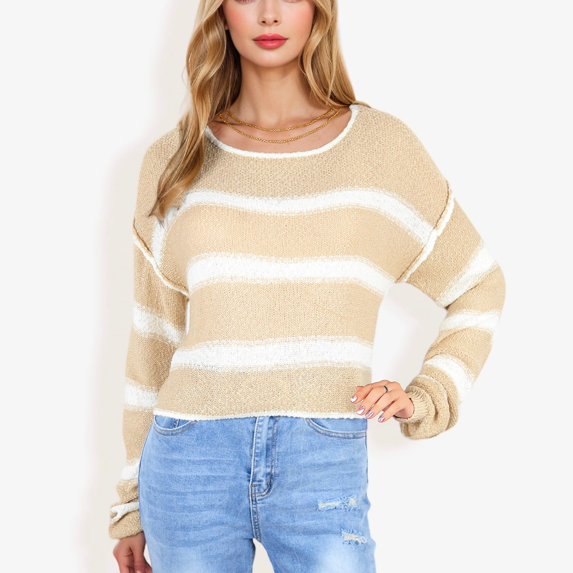 Women's Long Sleeve Striped Sweater With Crew Neck, Cropped Fit- Medium, Beige