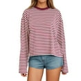 thumbnail image 1 of Women's Long Sleeve Striped T-Shirt Color Block Design Loose Fit Round Neck Comfortable Everyday Casual Wear, 1 of 4