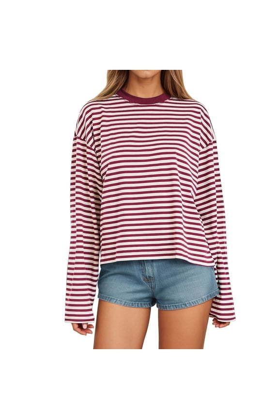 Women's Long Sleeve Striped T Shirt Featuring Color Design for Comfortable Casual Wear