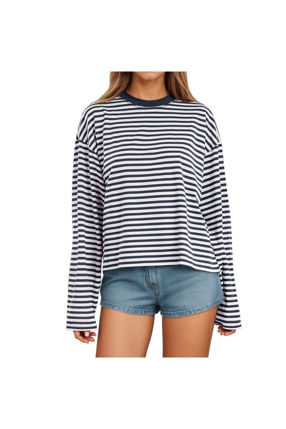 Women's Long Sleeve Striped T-Shirt with Color Design for Comfortable Everyday Wear Loose Fit and Round Neck Style