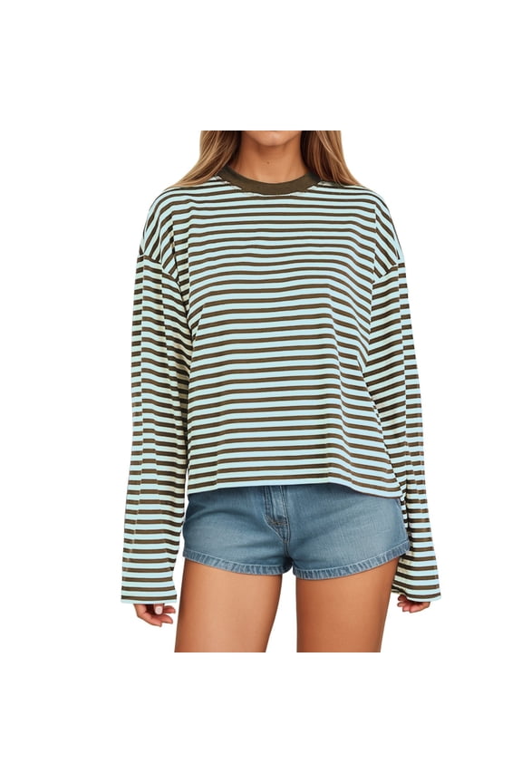 Women's Long Sleeve Striped T Shirt with Color Design Loose Fit Round Neck for Comfortable Everyday Wear