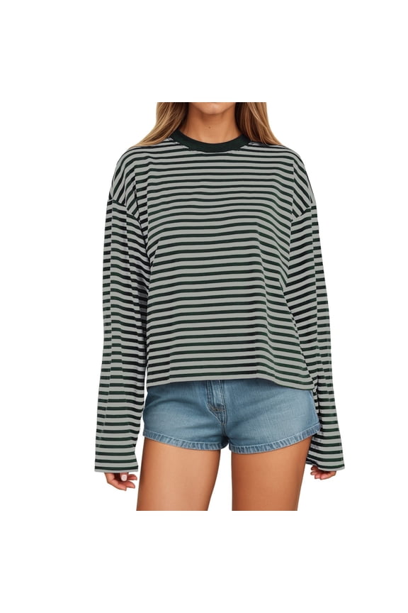 Women's Long Sleeve Striped T-Shirt with Color Design for Comfortable Everyday Wear Loose Fit and Round Neck Style