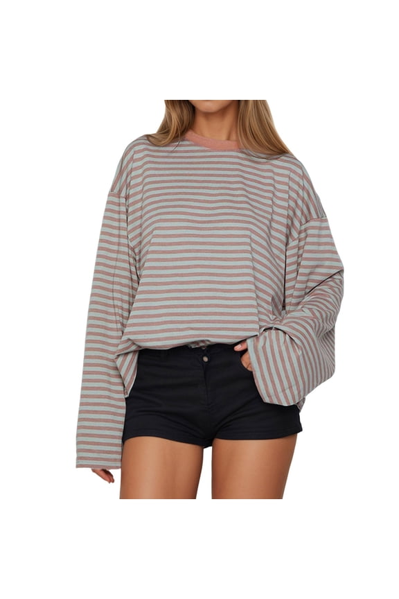 Women's Long Sleeve Striped T-Shirt with Color Design for Comfortable Everyday Wear Loose Fit and Round Neck Style