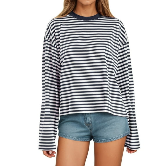 Women's Long Sleeve Striped T-Shirt with Color Design for Comfortable Everyday Wear Loose Fit and Round Neck Style