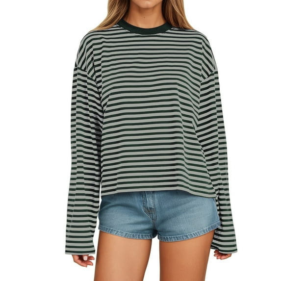 Women's Long Sleeve Striped T Shirt with Color Design for Comfortable Everyday Wear and Loose Fit