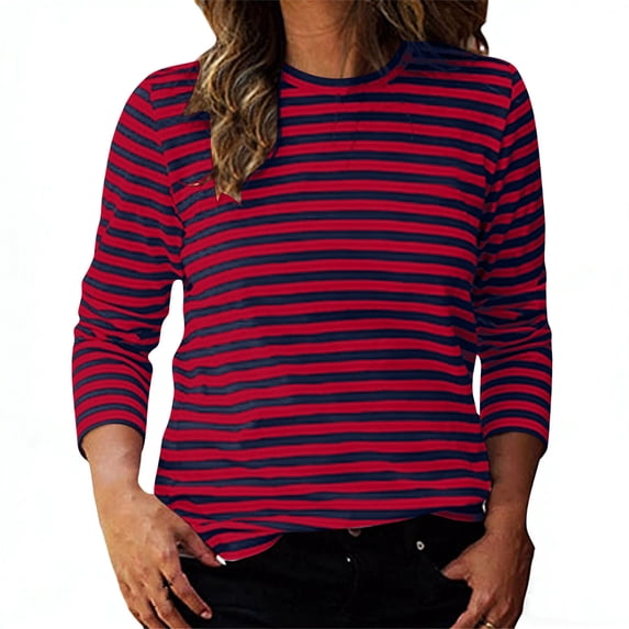 Women's Long Sleeve Striped T-Shirts Summer Basic Tee Soft Stretchy Jersey Pullover Tops Lightweight Daily Wear Clothes Regular Fit Straight Hem Blouse