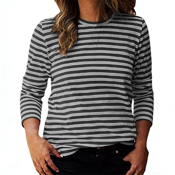 Women's Long Sleeve Striped T-Shirts Summer Basic Tee Soft Stretchy Jersey Pullover Tops Lightweight Daily Wear Clothes Regular Fit Straight Hem Blouse