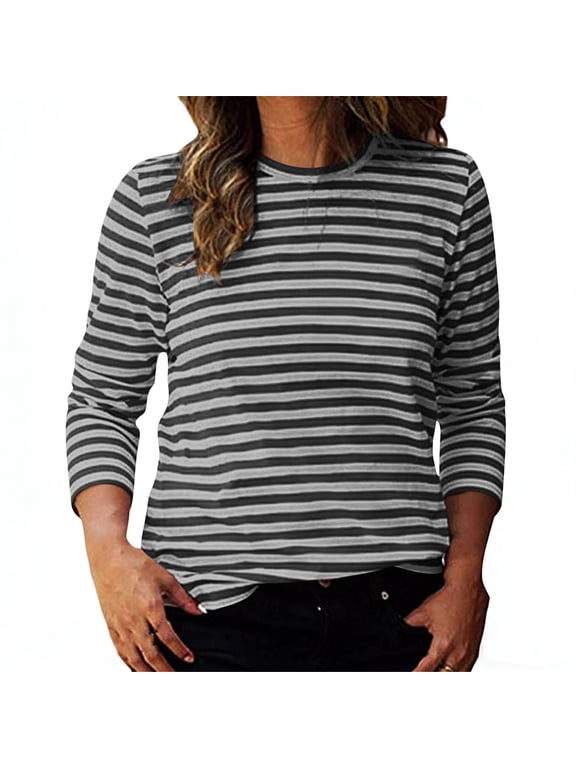 Women's Long Sleeve Striped T-Shirts Summer Basic Tee Soft Stretchy Jersey Pullover Tops Lightweight Daily Wear Clothes Regular Fit Straight Hem Blouse
