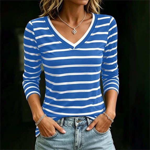 Women's Long Sleeve Striped T Shirts V Neck Soft Stretchy Slim Basic Tops for Daily Casual Matching Blue L