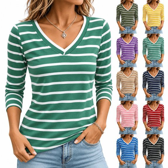 Women's 3/4 Sleeve Striped T Shirts V Neck Soft Stretchy Slim Basic Tops for Daily Casual Matching Green L