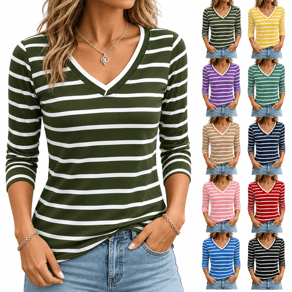 Women's 3/4 Sleeve Striped T Shirts V Neck Soft Stretchy Slim Basic Tops for Daily Casual Matching Green S