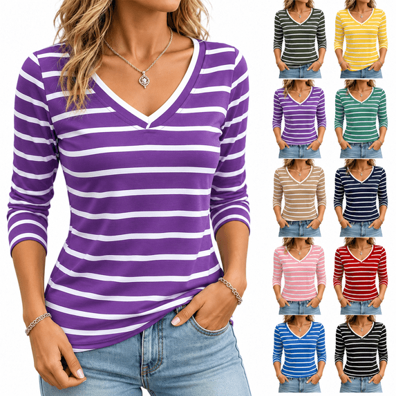 Women's 3/4 Sleeve Striped T Shirts V Neck Soft Stretchy Slim Basic Tops for Daily Casual Matching Purple XL