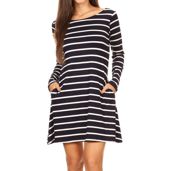 Women’s Long Sleeve Striped Trapeze V-Back Dress with Pockets (Navy, Small)