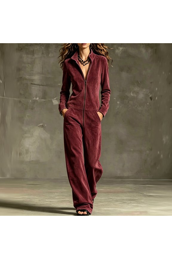 Women's Long Sleeve Suede Jumpsuit Stand-Up Collar Zip Front Fall Cozy Wide Leg Jumpsuit Outfits, 3XL