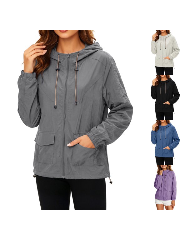 Women's Long Sleeve Sun Protection Hooded Jacket Quick Dry Windbreaker Coat Mesh Panel Elastic Cuffs with Pockets for Running Workout Hiking, Gray, XXXL