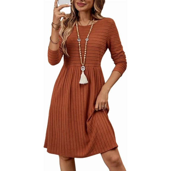 Women's Long Sleeve Sweater Dress Crew Neck A Line Fall Dresses Ribbed Casual Knee Length Dress