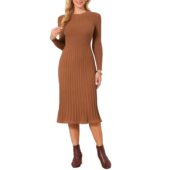 INSPIRE CHIC Women's Long Sleeve Sweater Dress Crewneck Ribbed Knit Pleated A-Line Midi Dresses XL Brown