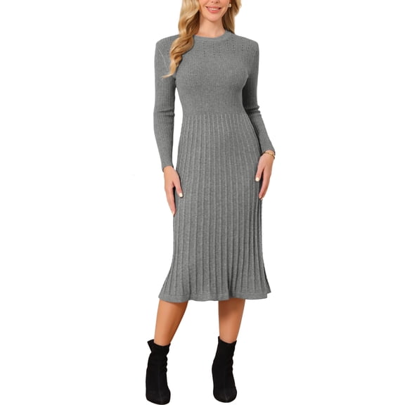 INSPIRE CHIC Women's Long Sleeve Sweater Dress Crewneck Ribbed Knit Pleated A-Line Midi Dresses XL Grey