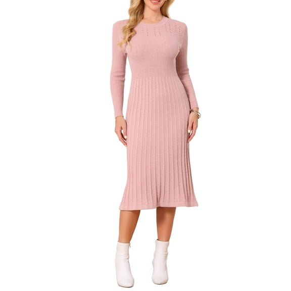 INSPIRE CHIC Women's Long Sleeve Sweater Dress Fall 2025 Crewneck Ribbed Knit Pleated A-Line Midi Dresses XL Pink