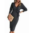 thumbnail image 1 of Women's Long Sleeve Sweater Dress Side Split Bodycon Dresses Fall Midi Long Deep V Neck Fitted Spring Casual Dark Gray S, 1 of 6