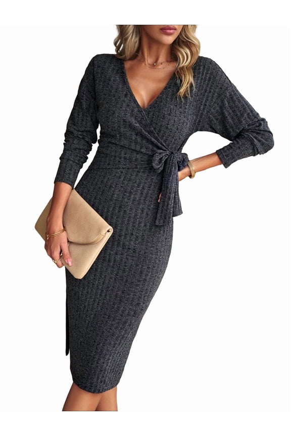 Women's Long Sleeve Sweater Dress Side Split Bodycon Dresses Fall Midi Long Deep V Neck Fitted Spring Casual