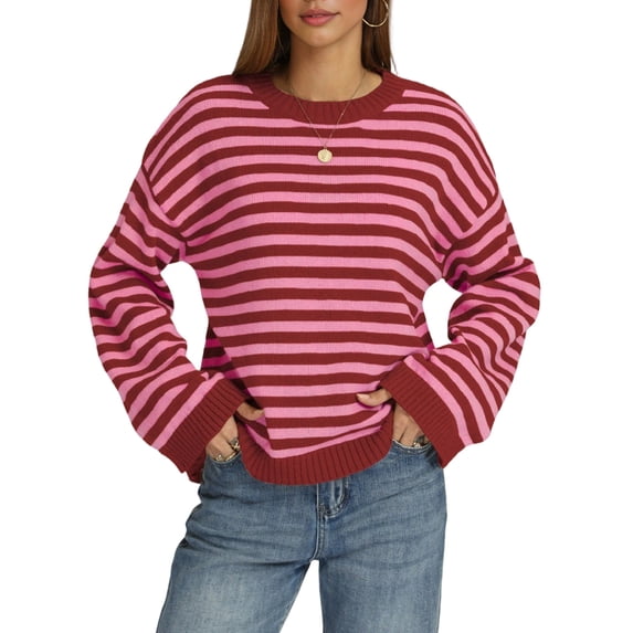 Women's Long Sleeve Sweater Striped Oversized Sweaters Casual Crewneck Knit Tops Pink M