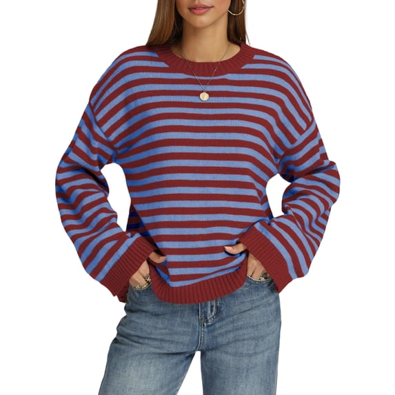 Women's Long Sleeve Sweater Striped Oversized Sweaters Casual Crewneck Knit Tops Red S