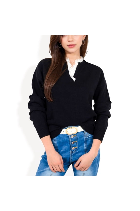 Women's Long Sleeve Sweater with V-Neckline and Lace Trim Detail - Large, Black