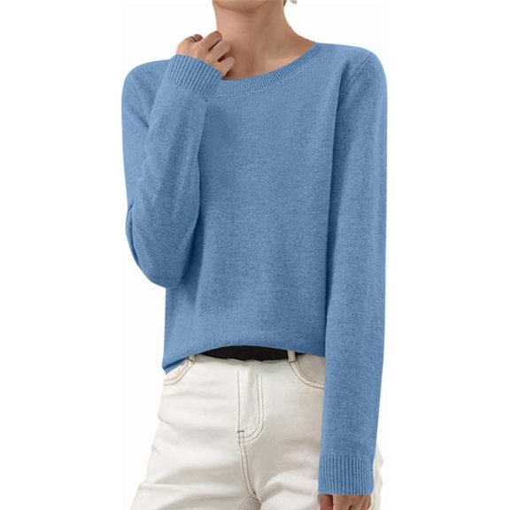 Women’s Long Sleeve Sweaters Cropped Crew Neck Business Casual Light Weight Crewneck Soft Basic Knit Loose Fit Pullover Sweater Tops Fall Winter Clothes