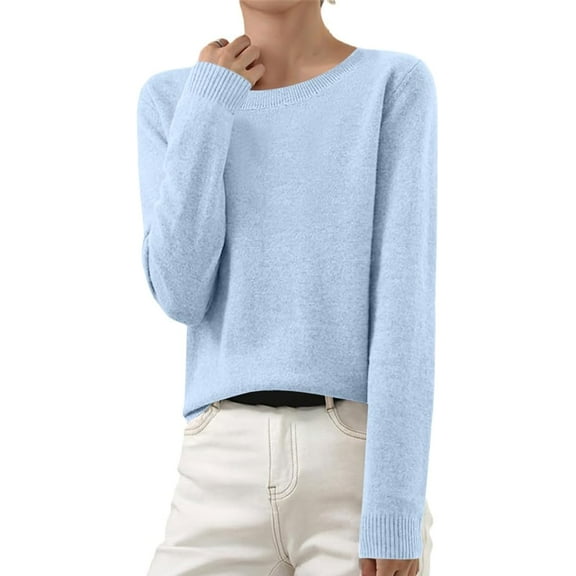 Women’s Long Sleeve Sweaters Cropped Crew Neck Business Casual Light Weight Crewneck Soft Basic Knit Loose Fit Pullover Sweater Tops Fall Winter Clothes