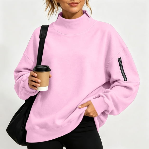 Women's Long Sleeve Sweatshirt Baeitkot Women's Solid Color Stand Collar Long Sleeve Sweatshirt with Side Slit Hem and Pockets Casual Pullover Top Pink S