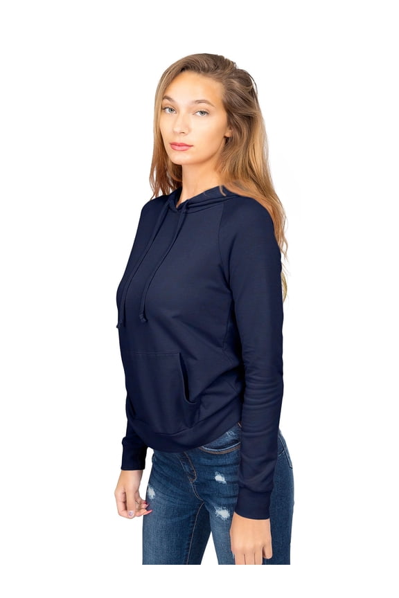 Women's Long Sleeve Sweatshirt French Terry Pullover Hoodie T1481 - Navy - Small