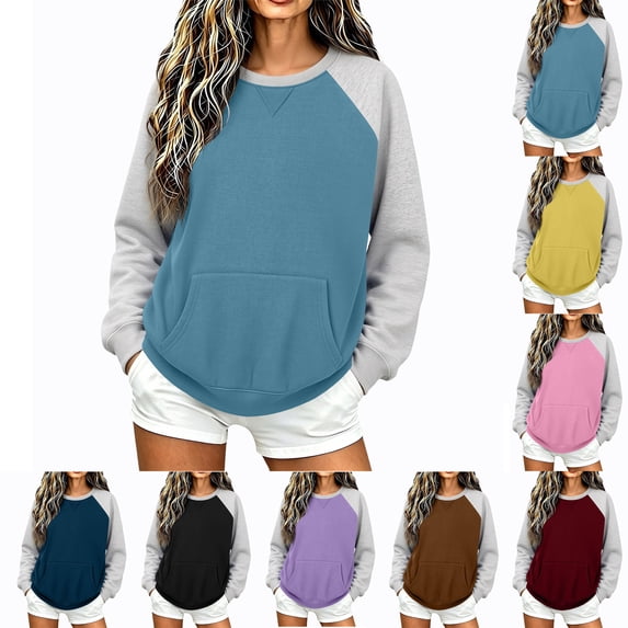 Women's Long Sleeve Sweatshirt Oversized Crew Neck Loose Casual Basic Tops with Front Kangaroo Pocket for Weekend Errand Outfit