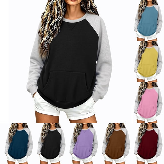 Women's Long Sleeve Sweatshirt Oversized Crew Neck Loose Casual Basic Tops with Front Kangaroo Pocket for Weekend Errand Outfit