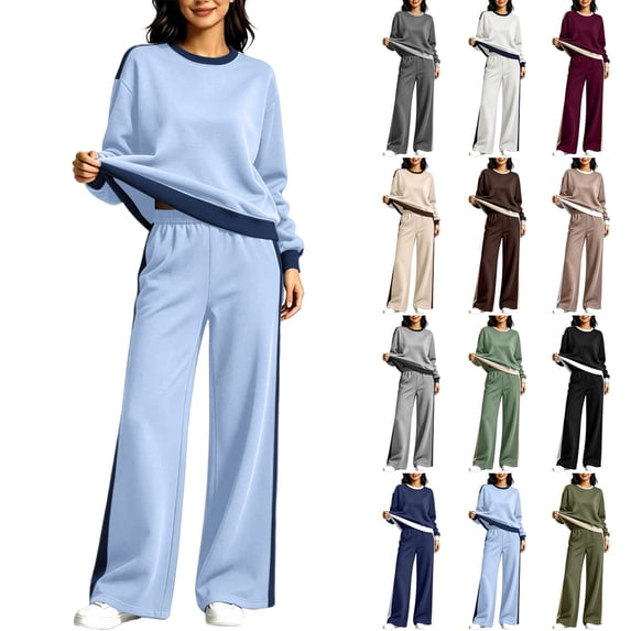 Women's Long Sleeve Sweatshirt Sets 2 Piece,Crew Neck Long Sleeve pullover Tops,Side Stripe High Waist Wide Leg Pants Pocket,Fall Tracksuit,Weekend Casual Outfits