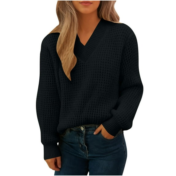 Women's Long Sleeve Sweatshirt Solid Color Pullover V-neck Sweater Casual Basic Fall Clothes Outfits Fashion Winter Clothing