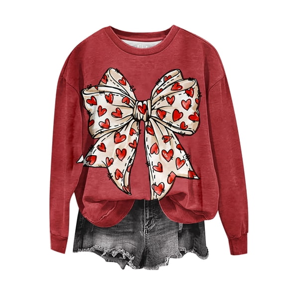 Women's Long Sleeve Sweatshirts Casual Crew Neck Drop Shoulder Cute Printed Graphic Loose Fit Pullover Tops (2XL, Red)