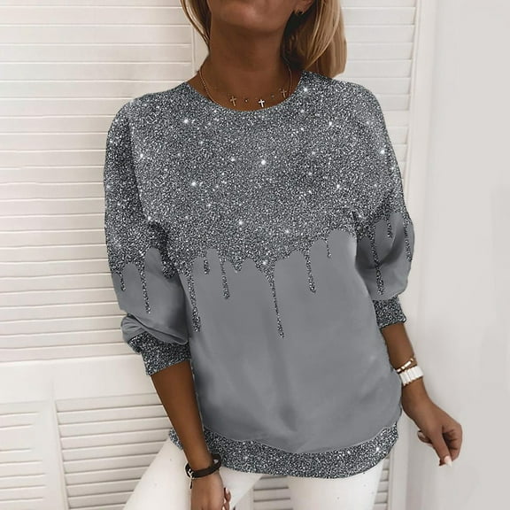 Women's Long Sleeve Sweatshirts Sequin Solid Color Pullover Crew Neck Fall Casual Comfy Y2K Tops Winter Tunic 2025