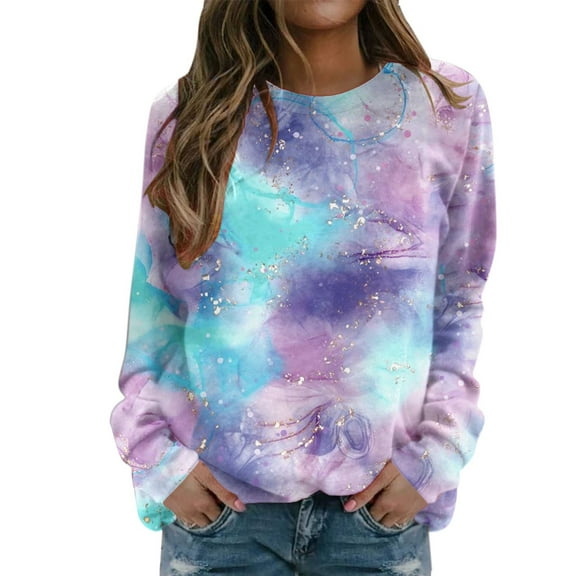Women's Long Sleeve Sweatshirts Sparkly Graphic Print Round Neck Pullover Tops Fall Winter Casual Loose Fit Sweater Shirts