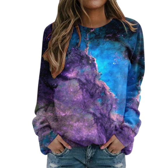 Women's Long Sleeve Sweatshirts Sparkly Graphic Print Round Neck Pullover Tops Fall Winter Casual Loose Fit Sweater Shirts
