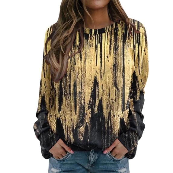 Women's Long Sleeve Sweatshirts Sparkly Graphic Print Round Neck Pullover Tops Fall Winter Casual Loose Fit Sweater Shirts