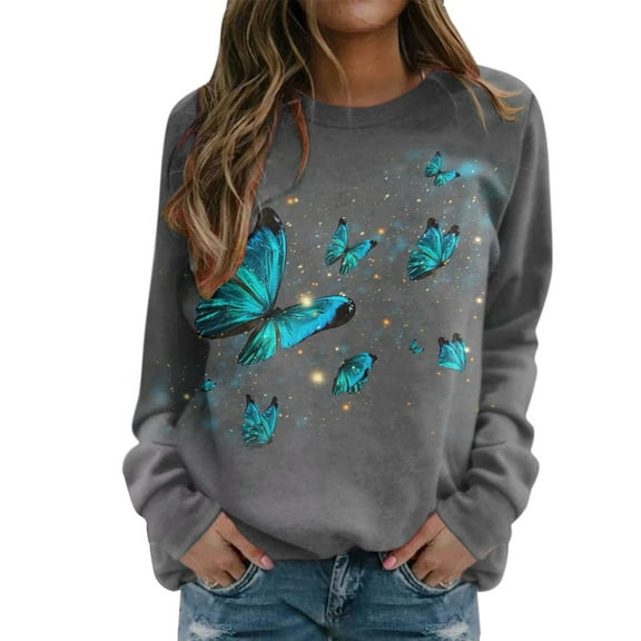 Women's Long Sleeve Sweatshirts Sparkly Graphic Print Round Neck Pullover Tops Fall Winter Casual Loose Fit Sweater Shirts
