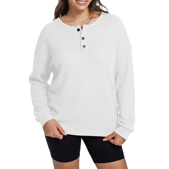 Women's Long Sleeve Sweatshirts Waffle Knit Button Henley Neck Solid Pullover Blouses Lightweight Fall Fashion Casual Loose Tops