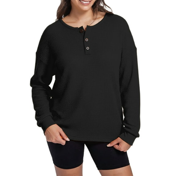 Women's Long Sleeve Sweatshirts Waffle Knit Button Henley Neck Solid Pullover Blouses Lightweight Fall Fashion Casual Loose Tops