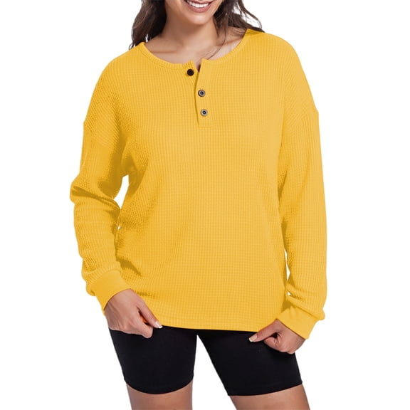 Women's Long Sleeve Sweatshirts Waffle Knit Button Henley Neck Solid Pullover Blouses Lightweight Fall Fashion Casual Loose Tops