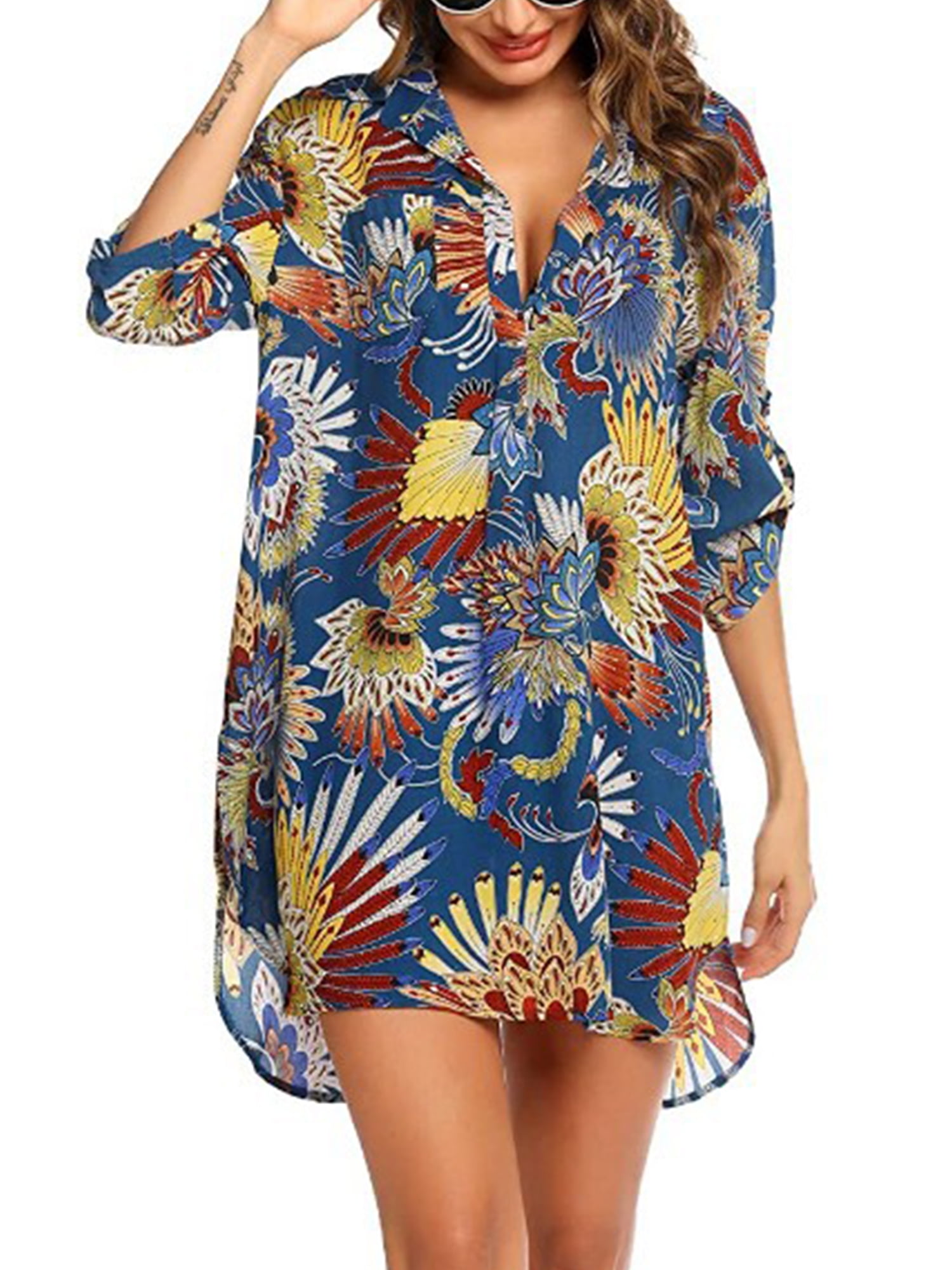 Women’s Long Sleeve Swimsuit Cover up Lapel Neck Tops T Shirt Mini