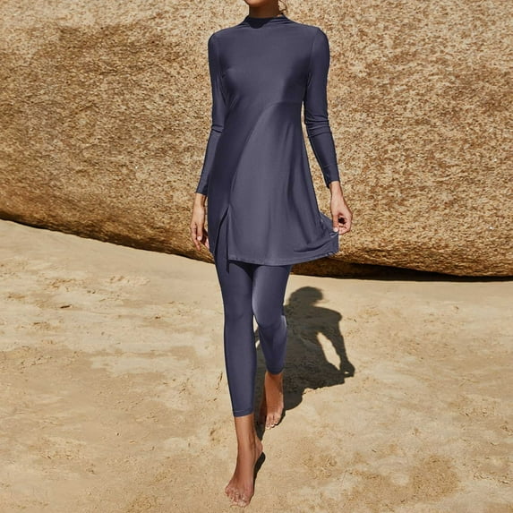 Women's Long Sleeve Swimsuit Set with Split Fork & Swimming Trunks - Nylon Conservative Bathing Suit for Pool Beach Vacation Water Sports