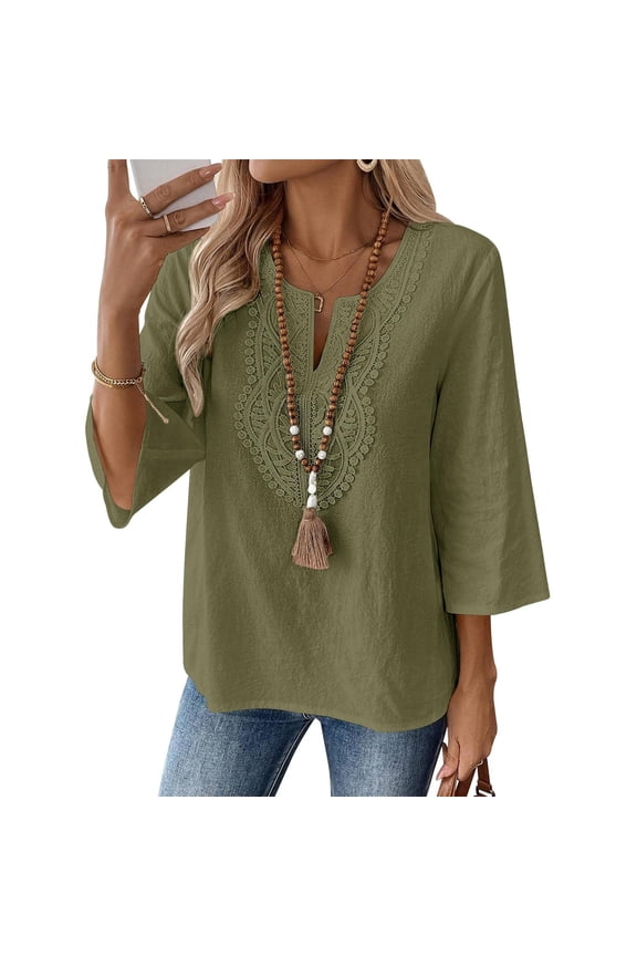 Women's Long Sleeve T-Shirt Blackish Green Linen Shirts for Women Embroidered Cotton Linen 3/4 Sleeve Tops Spring V Neck Lace Casual Loose Fit Blouses Fashion