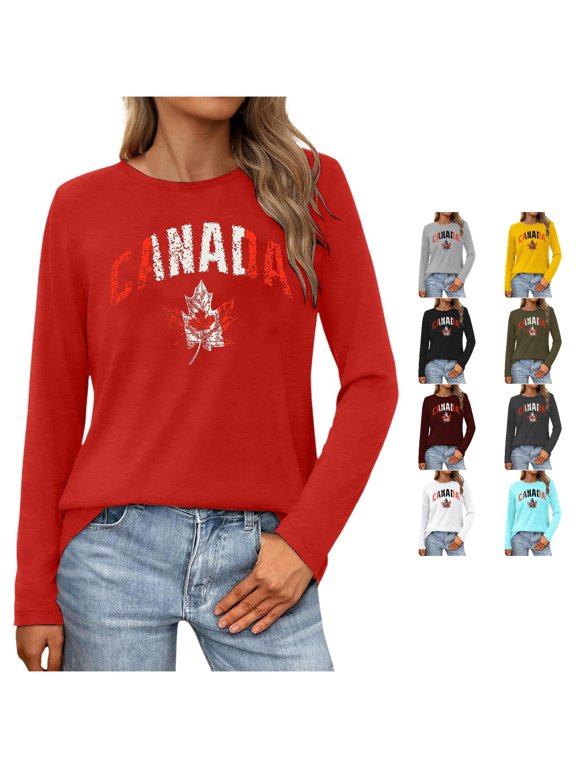 Women's Long Sleeve T-Shirt Canada Maple Leaf Graphic Crew Neck Pullover Streetwear Casual Daily Top